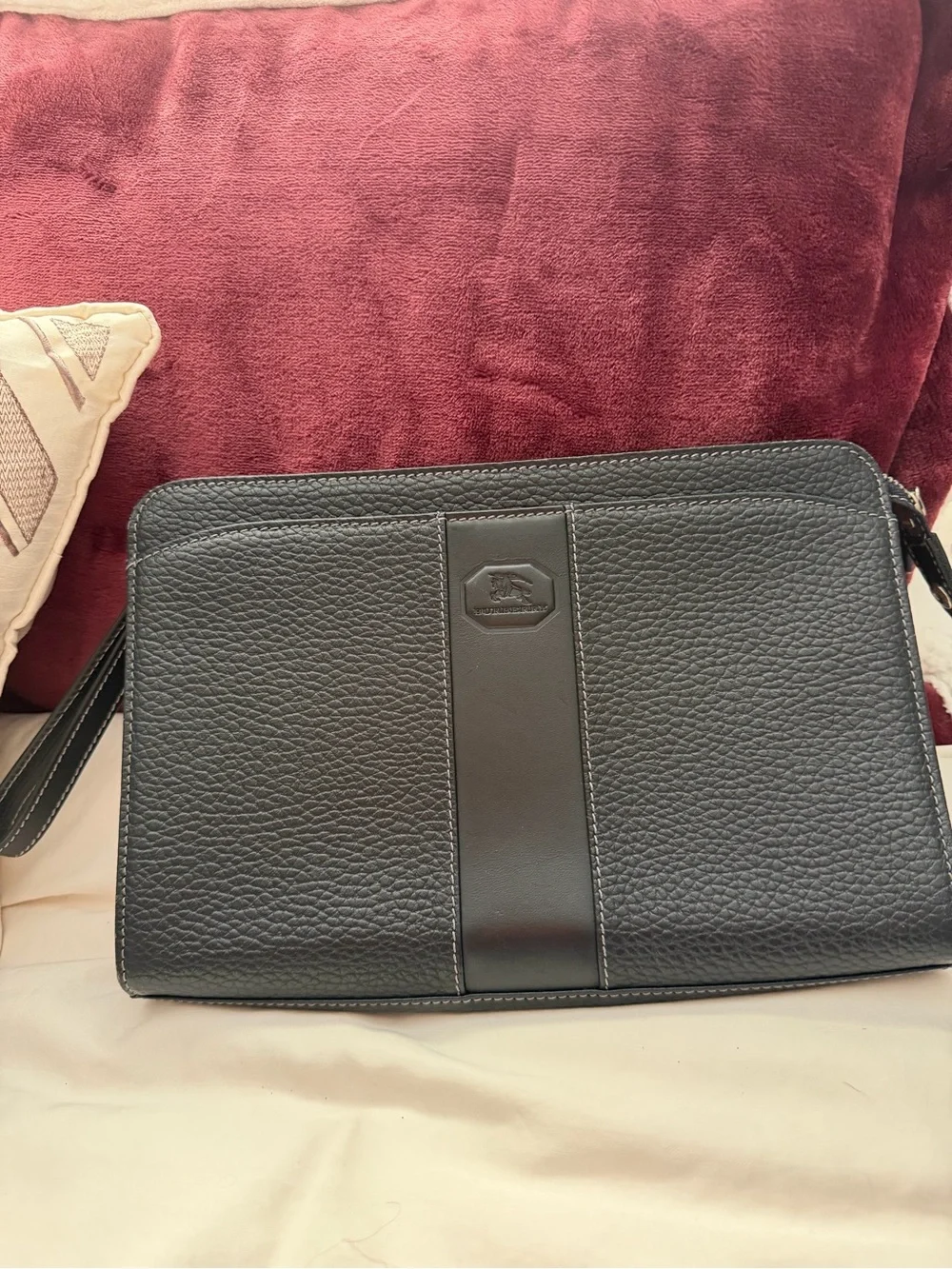 Burberry London Black Pebbled Leather Wristlet Clutch Pouch Bag Nova Check